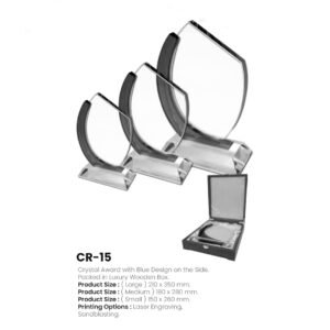 Crystal Award with Blue Design on the Side. Packed in Luxury Wooden Box